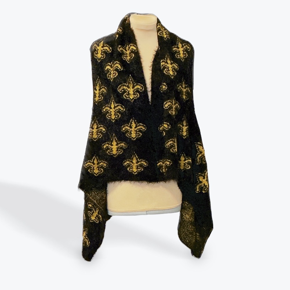 Black Gold Fleur de Lis‎ Fuzzy Knit Vest Women One Size